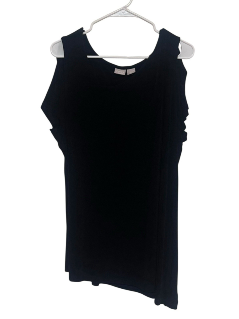 Chicos Travelers Cold Shoulder Top XL 3 Black Slinky Knit Top Asymmetrical Hem